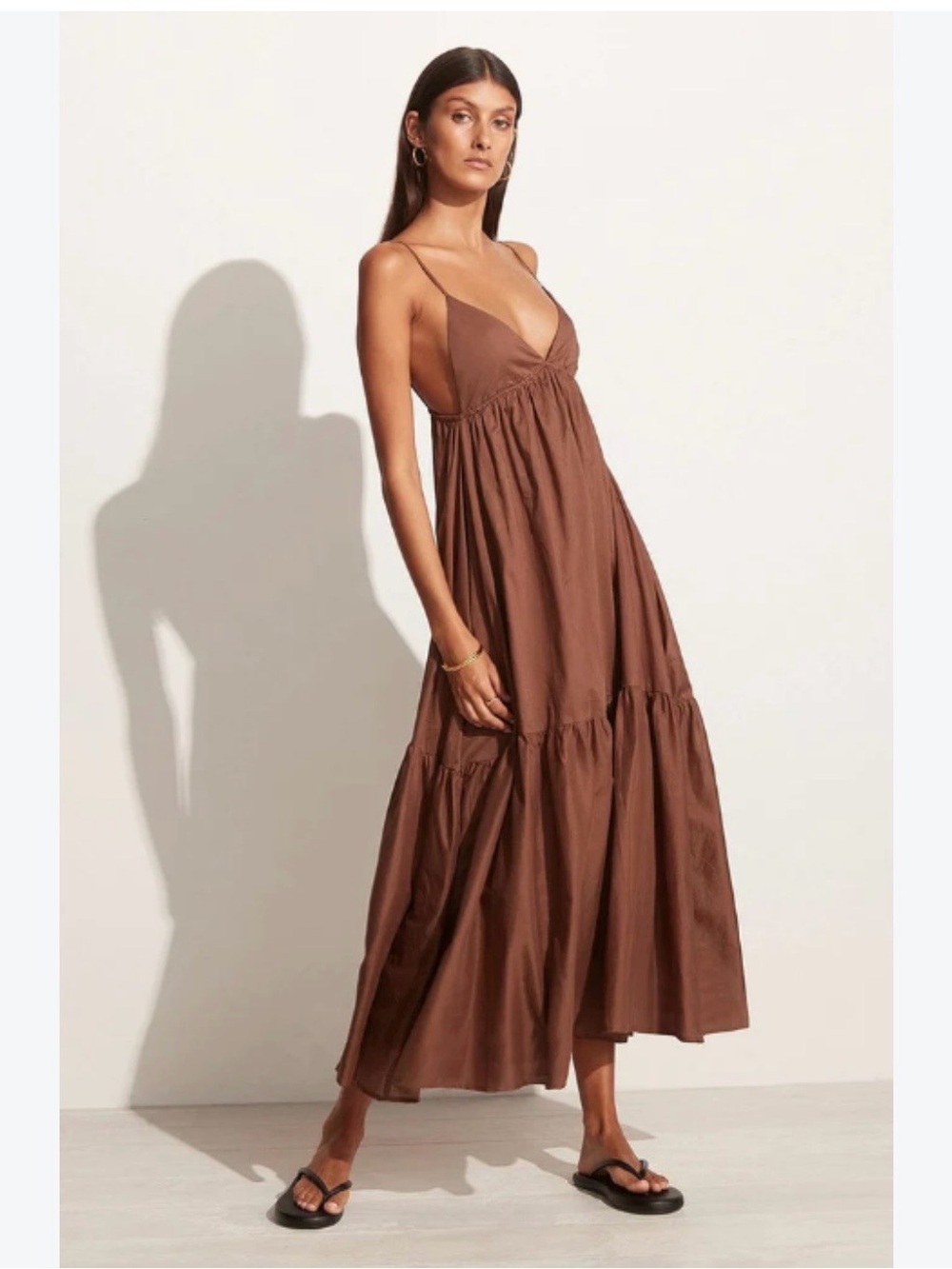 Brown Spaghetti-Strap Tiered Maxi Dress with V-Neck
